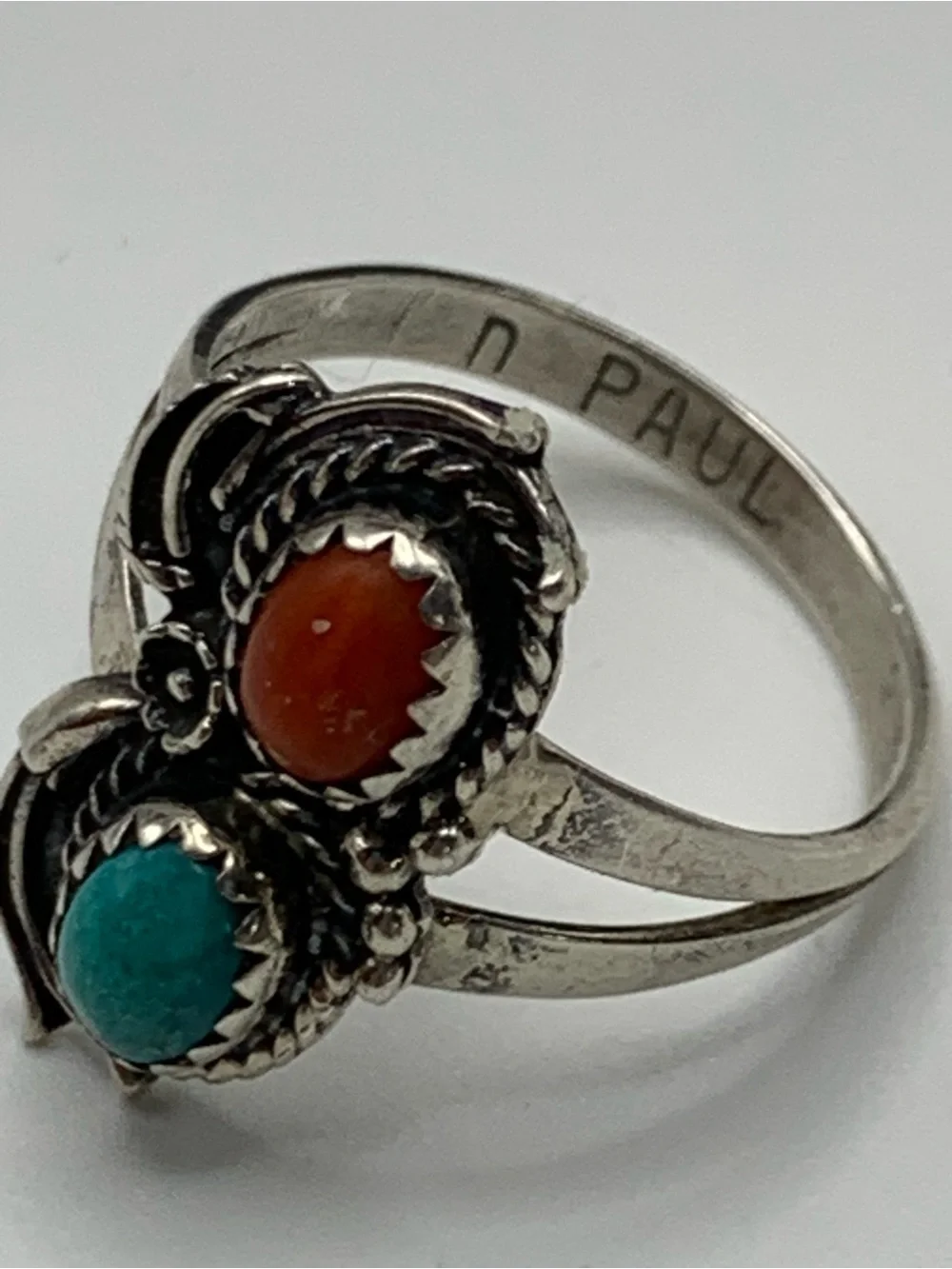 VTG Signed D. PAUL Navajo 925 Silver Turquoise Coral Bypass Ring 7.5